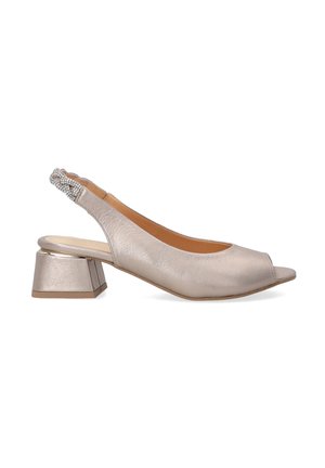 Open-toe slingback heels in metallic beige leather. Chunky block heel with slight shimmer and decorative rhinestone strap at the back.