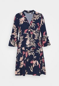 Marinblå blommig klänning med rosa och beige mönster, flerlagersdesign, V-ringning och utställda ärmar med snörning. Tillverkad av lättviktigt material.