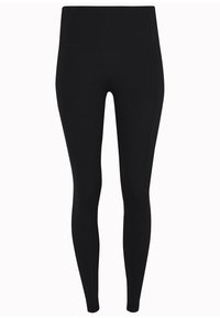 Leggings neri realizzati in un tessuto elasticizzato e traspirante. Design a vita alta con una texture liscia e cuciture minime per il comfort.