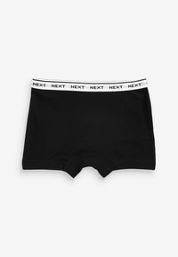 Boxer shorts neri in cotone con una cintura elastica bianca che presenta la scritta "NEXT" ripetuta. Texture liscia e forma rettangolare.