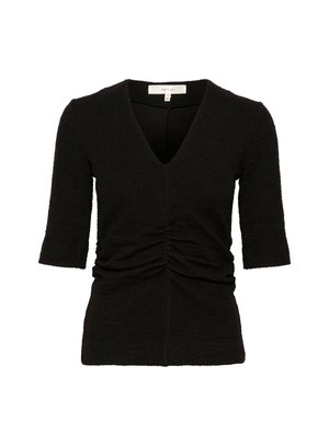 Zwarte V-hals top met korte mouwen, voorzien van ruchingdetails in de taille, gemaakt van textuurstof, met een getailleerd ontwerp en een gladde afwerking.