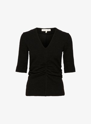 Crna majica s v-neck izrezom i kratkim rukavima, s naborima na struku, izrađena od teksturiranog materijala, uskog kroja i glatkog završetka.