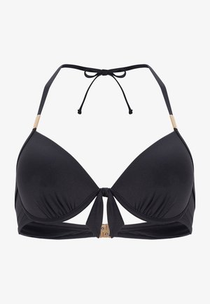 Fekete bikinifelső háromszög formatervezéssel, állítható kötéssel és elől arany tónusú fémrészlet. Simább anyag matt felülettel.