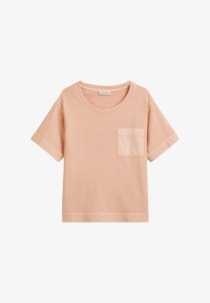 T-shirt en coton rose à manches courtes, avec un col rond et une poche plaquée sur la poitrine gauche. Texture lisse, design décontracté.