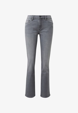 Jean gris slim avec une légère évasement, design à cinq poches, fermeture par bouton et zip, et détails délavés subtils sur un fond blanc.