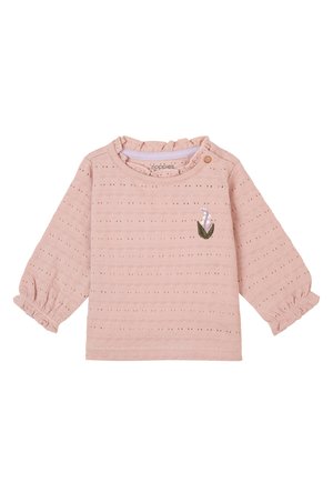 T-shirt rose à manches longues avec un motif texturé, un col froncé et des poignets élastiques. Présente des broderies florales délicates et deux boutons sur les côtés.
