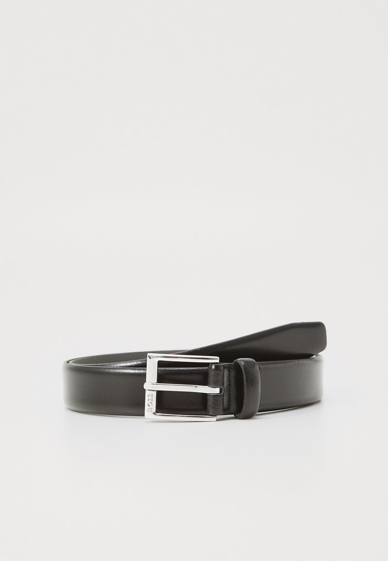 Black leather belt with a flat texture, featuring a silver rectangular buckle and a single loop for securing the end.