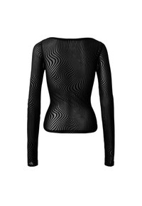 Top nero a maniche lunghe con un motivo a onde. Realizzato in un materiale trasparente, presenta un collo rotondo e una silhouette aderente.
