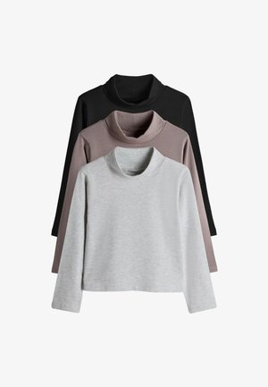 Kolme pitkähihainen poolopaitaa: musta, liila ja vaaleanharmaa. Pehmeä kangas, jossa istuva kaulus ja rento istuvuus, laskettu olkapäälinja ja ilman koristuksia.