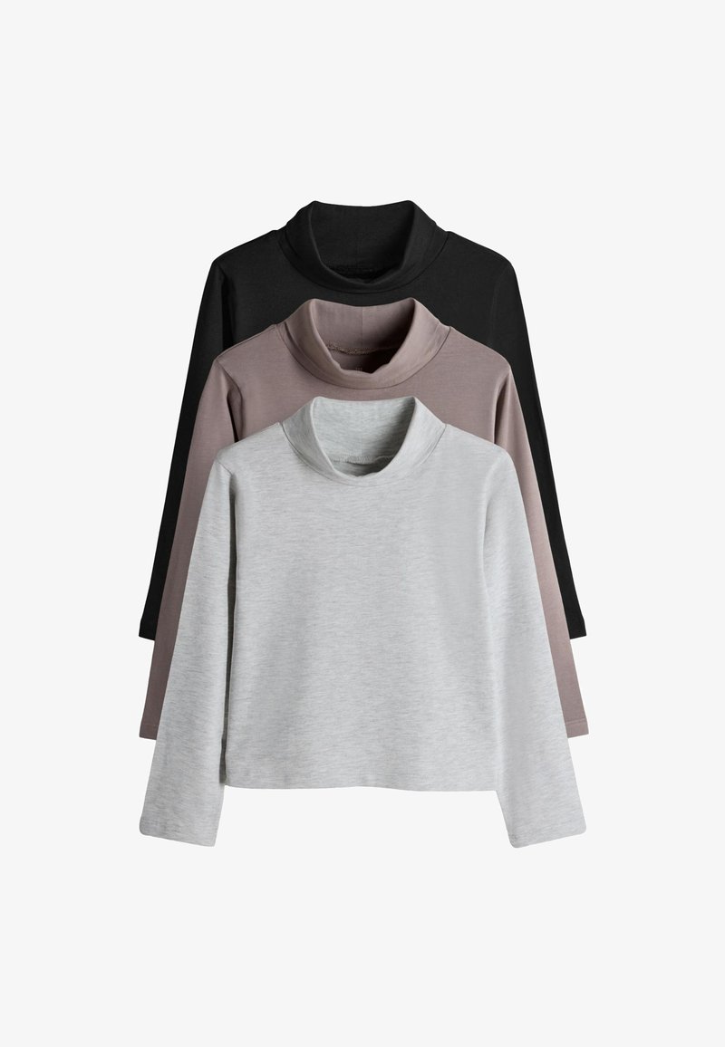 Drie coltruien met lange mouwen: zwart, mauve en lichtgrijs. Zachte stof met een aansluitende col en een losse pasvorm, voorzien van verlaagde schouders en zonder versieringen.