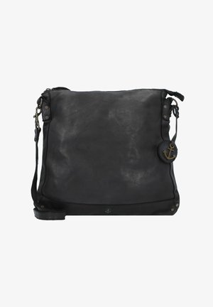 Borsa a spalla in pelle nera con una texture morbida, chiusura con zip e tracolla regolabile. Presenta un ciondolo rotondo con un design ad ancora.
