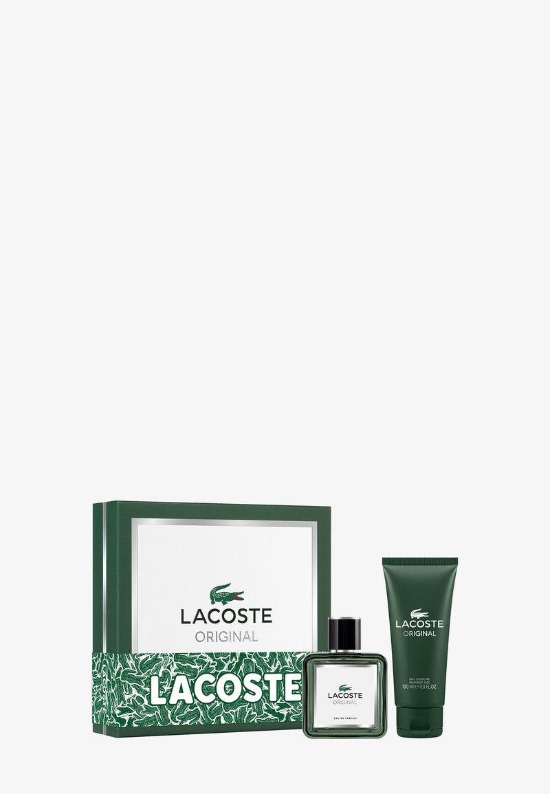 Lacoste Original duftsett med grønn og hvit eske, eau de parfum-flaske og matchende grønn dusjgelétube.