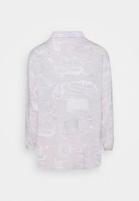 Light gray long-sleeve shirt with a soft texture, featuring white illustrative patterns of landmarks, sunflowers, and boats throughout.