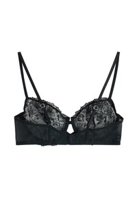 Reggiseno in pizzo nero con ricami floreali, spalline regolabili e un pannello trasparente. Presenta bordi ondulati e una chiusura a gancio e occhiello sul retro.