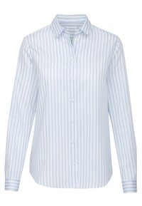 Ljusblå randig skjorta med knäppning, krage, lång ärm och en slät yta. Har vita knappar och en klassisk passform.
