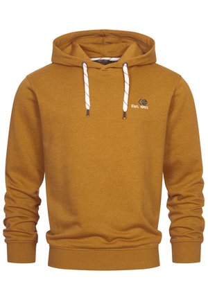 Kapuzensweatshirt aus senfgelbem Baumwoll-Mix, mit geripptem Saum und Ärmelbündchen, Kordeln mit weißen und roten Akzenten sowie gesticktem Logo.