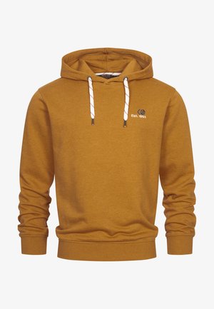 Hanorac cu glugă dintr-un amestec de bumbac de culoare muștar, având tiv și manșete ribbate, șnururi cu accente albe și roșii, și logo brodat.