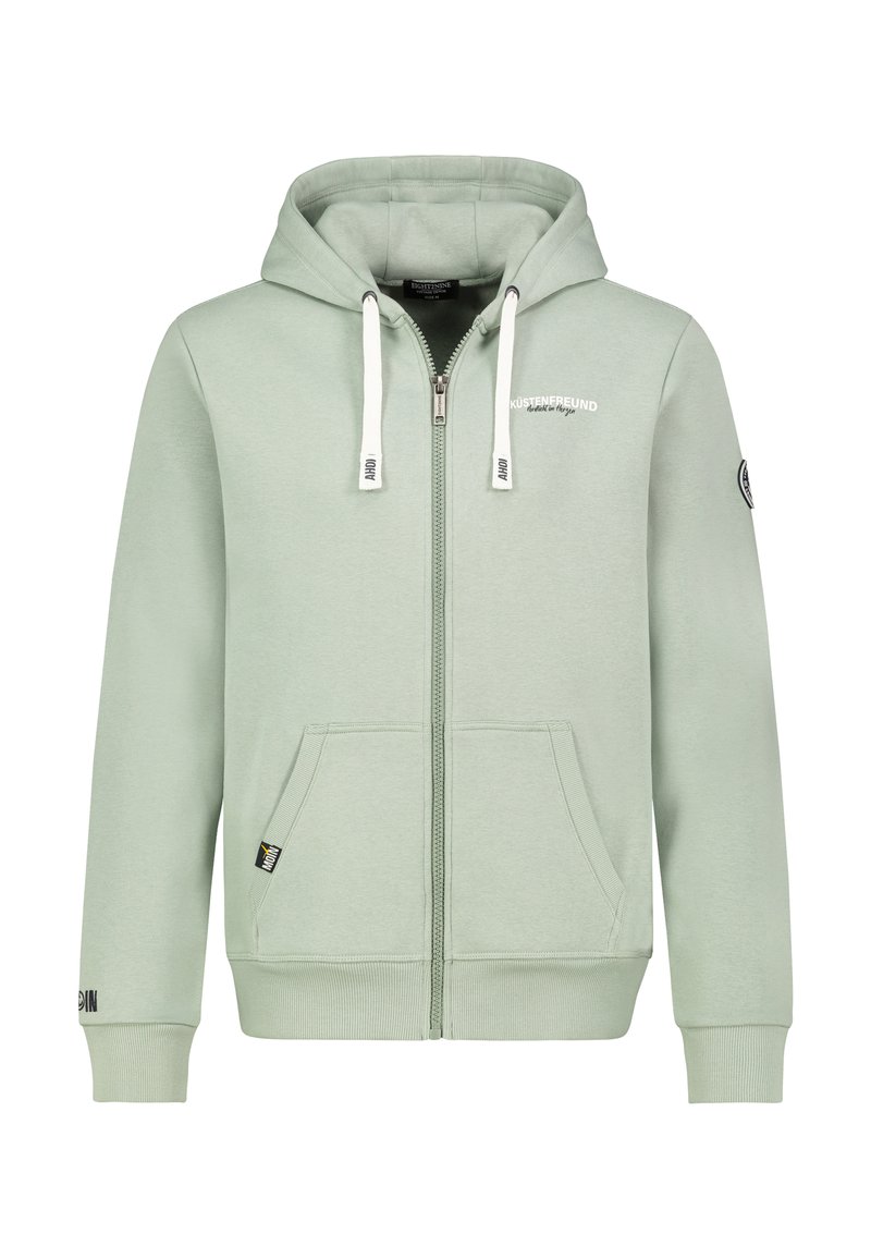 Lichtgroene rits hoodie van zacht katoen, met een grote capuchon, witte koordjes, voorzakken en logo-accenten op de borst en mouw.