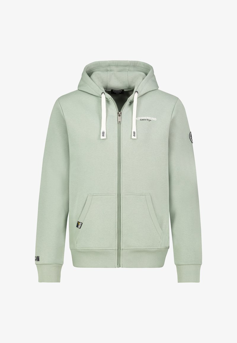 Lichtgroene rits hoodie van zacht katoen, met een grote capuchon, witte koordjes, voorzakken en logo-accenten op de borst en mouw.