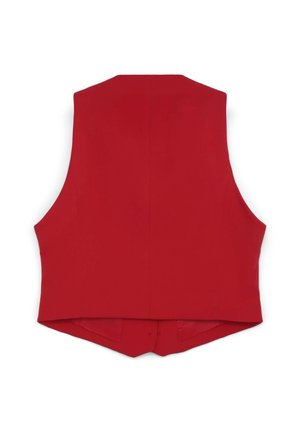 Gilet aderente rosso con una texture liscia, senza maniche e orlo posteriore appuntito. Presenta un design pulito senza accenti o motivi aggiuntivi.