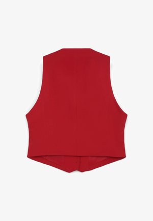 Gilet aderente rosso con una texture liscia, senza maniche e orlo posteriore appuntito. Presenta un design pulito senza accenti o motivi aggiuntivi.