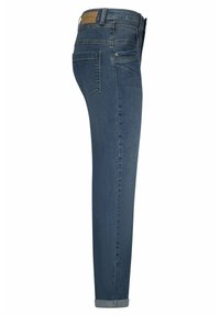 Strakke jeans in donkerblauwe denim, met vijf zakken, een omgeslagen zoom en een leren label bij de tailleband. Gladde textuur.