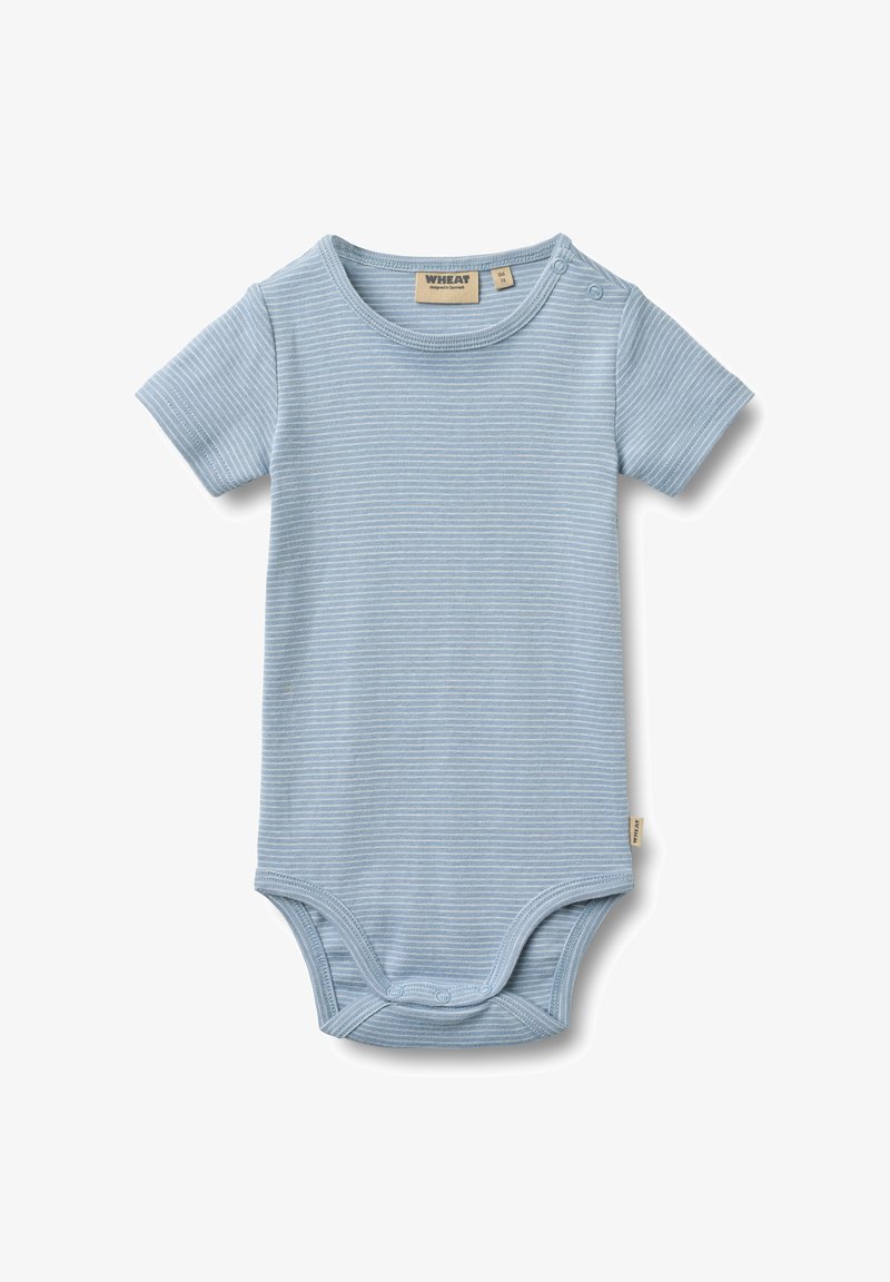 Body à manches courtes bleu clair avec une texture côtelée et des rayures horizontales blanches. Doté d'une fermeture à pression à l'épaule et à l'entrejambe.