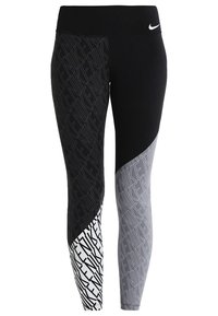 Leggings sportivi neri con un motivo geometrico. Presentano una combinazione di colori: nero puro, grigio e bianco con loghi e trame in tutto il capo.