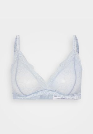 Hellblauer Spitzen-BH mit einem weichen Satinband, dreieckigen Cups, verstellbaren Trägern und floralen Musterdetails. Nahtlos für zusätzlichen Komfort.