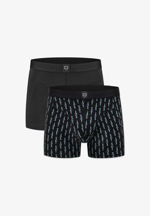Dos bóxers para hombre en color negro, uno liso y otro con un patrón vertical azul, ambos con un pequeño logo en la parte frontal de la cintura.