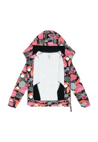Giacca colorata con zip e cappuccio, caratterizzata da un motivo floreale nei toni del rosa, grigio e nero. Interno morbido con accenti a contrasto.
