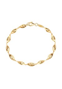 Złota bransoletka z wydłużonymi, liściastymi ogniwami o teksturowanym wzorze. Zapięcie na jednym końcu.