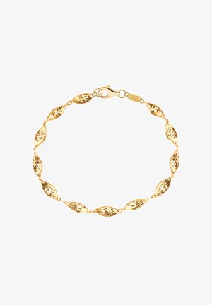 Złota bransoletka z wydłużonymi, liściastymi ogniwami o teksturowanym wzorze. Zapięcie na jednym końcu.