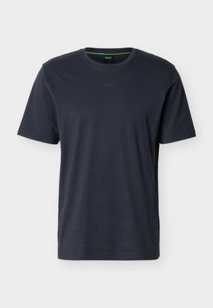 Plain dark navy short-sleeve crew neck T-shirt with subtle embossed "BOSS" logo on chest and green-trimmed neckline label.