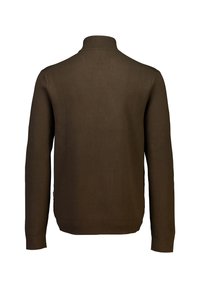 Brauner Strickpullover mit hohem Kragen, langen Ärmeln und tailliertem Design. Glatte Textur und keine sichtbaren Muster oder Akzente.