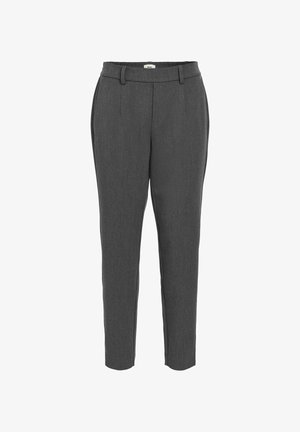Dark gray dress pants with a tailored fit, featuring a smooth texture, side pockets, and an elastic waistband for comfort.