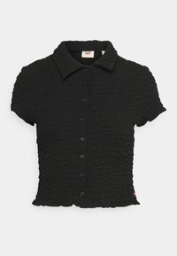 Black short-sleeve shirt with a textured fabric. Features a collar, button closure down the front, and a curved hemline.