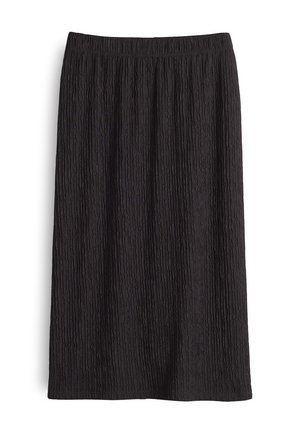 Black knee-length skirt with a textured pattern, featuring an elastic waistband and a straight silhouette. Made from a lightweight fabric.