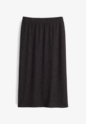 Zwarte knie-lange rok met een gestructureerd patroon, voorzien van een elastische tailleband en een rechte snit. Gemaakt van een lichte stof.