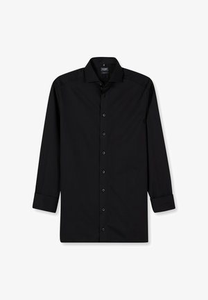 Black long-sleeve shirt made of smooth fabric. Features a button-up front, pointed collar, and single-button cuffs with a plain design.