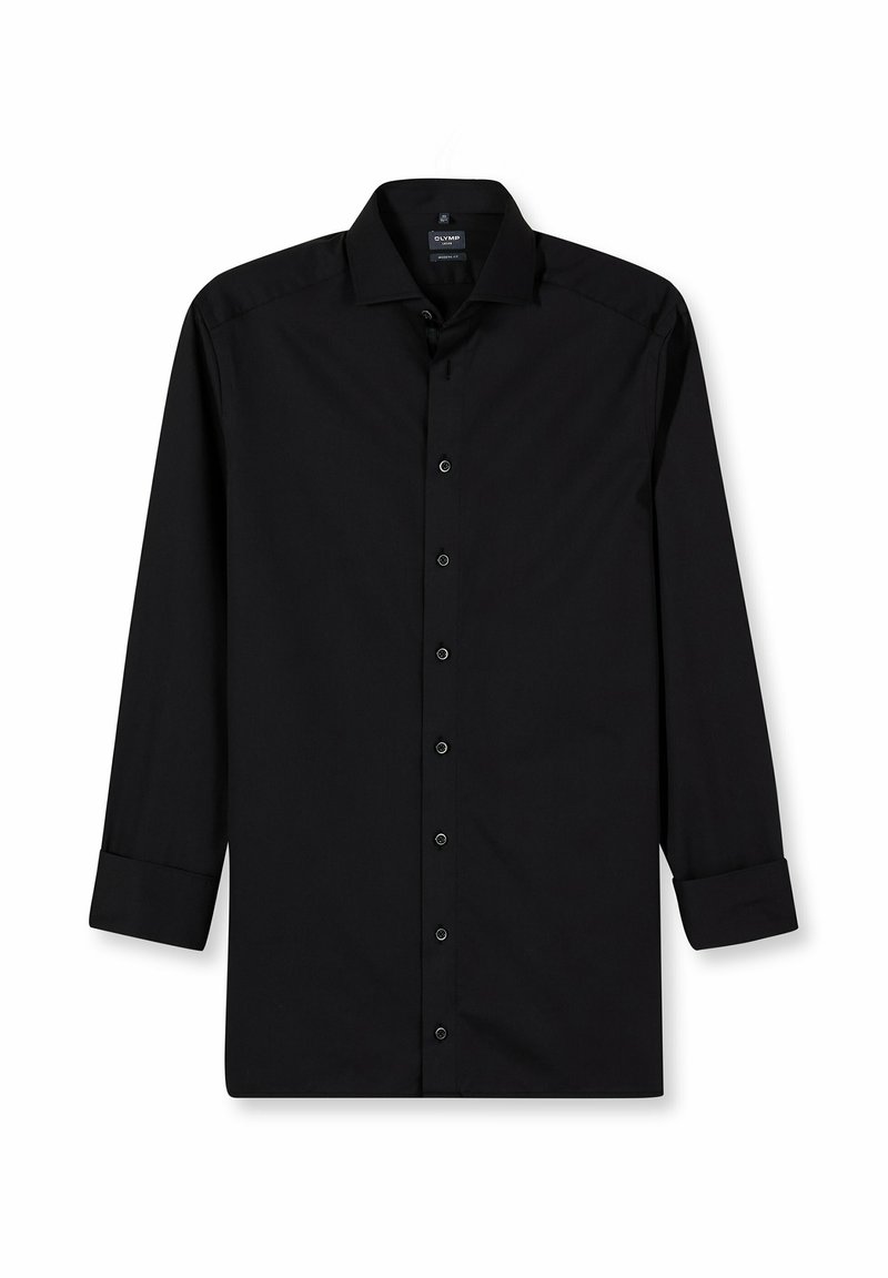 Schwarzes langärmeliges Hemd aus glattem Stoff. Verfügt über eine Knopfleiste vorne, einen spitzen Kragen und Manschetten mit einem einzelnen Knopf in schlichtem Design.