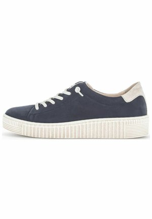 Navy suede sneaker with white laces and a cream rubber sole. Features a rounded toe and a contrasting textured heel accent.