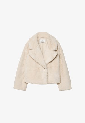 Beige K cropped Kunstpelzmantel mit Reverskragen, doppelter Knopfleiste und Seitentaschen. Weiche Textur und durchgehend einfarbig.