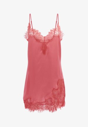 Camisole en satin corail avec une bordure en dentelle le long de l'encolure et de l'ourlet. Bretelles ajustables, délicats détails de broderie sur le corsage.