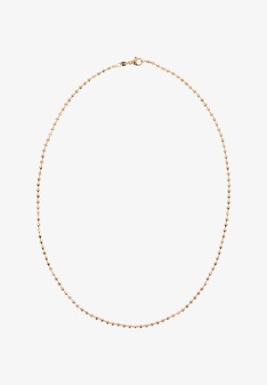 Finom aranylánc, kis egyenletesen elhelyezkedő kerek gyöngyökkel és rugós karabinerral, fehér háttér előtt bemutatva.