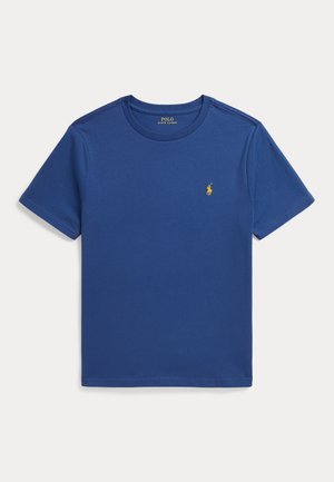 Blå t-shirt med korte ærmer og rund hals med lille gult Polo Ralph Lauren-logo på venstre bryst.