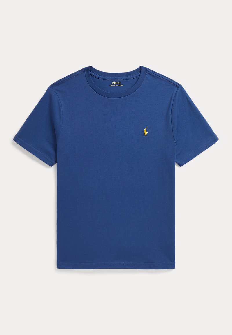 Camiseta azul de manga corta con cuello redondo y pequeño logo amarillo de Polo Ralph Lauren en el pecho izquierdo.