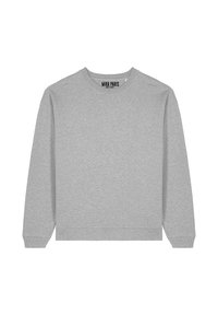 Felpa grigia con scollatura rotonda, maniche lunghe e polsini a costine. Presenta un'etichetta logo stampata sul collo. Materiale morbido in cotone misto.