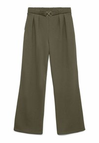 Olijfgroene wijde broek met hoge taille, plooien en een dun bijpassend ceintuur dat vastzit met een goudkleurige dubbele ringgesp.