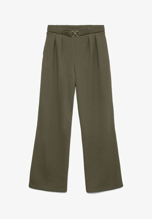 Zaļganas olīvu krāsas bikses ar augsto vidukli, platiem kāju galiem, krokām un plānu saskaņotu jostu ar zelta krāsas dubulto riņķu sprādzi.